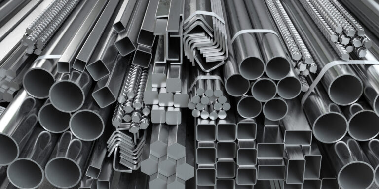 Different metal rolled products. Stainless steel profiles and tubes. in warehouse background. 3d illustration
